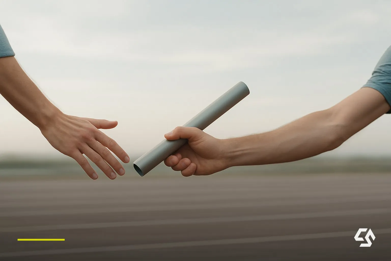 Eine Staffelübergabe: Der Stab wechselt ruhig von einer Hand in die nächste.