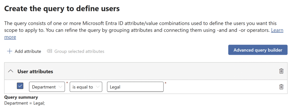 Microsoft Purview Adaptive Scope creation form: Auswahl des User Attributs "Department", des Operators "is equal to" and des Wertes "Legal"