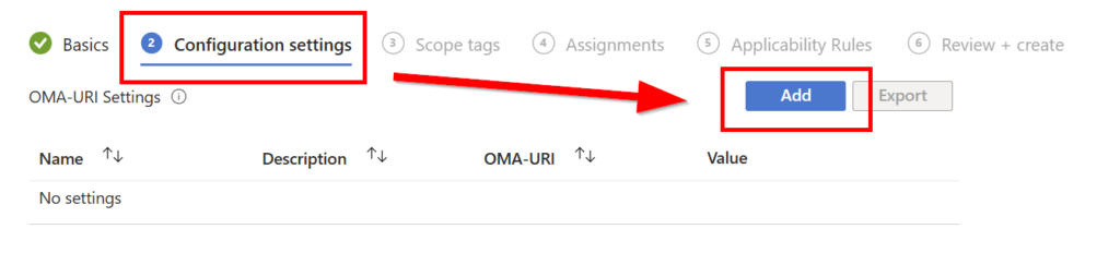 Add OMA-URI setting in Intune configuration profile