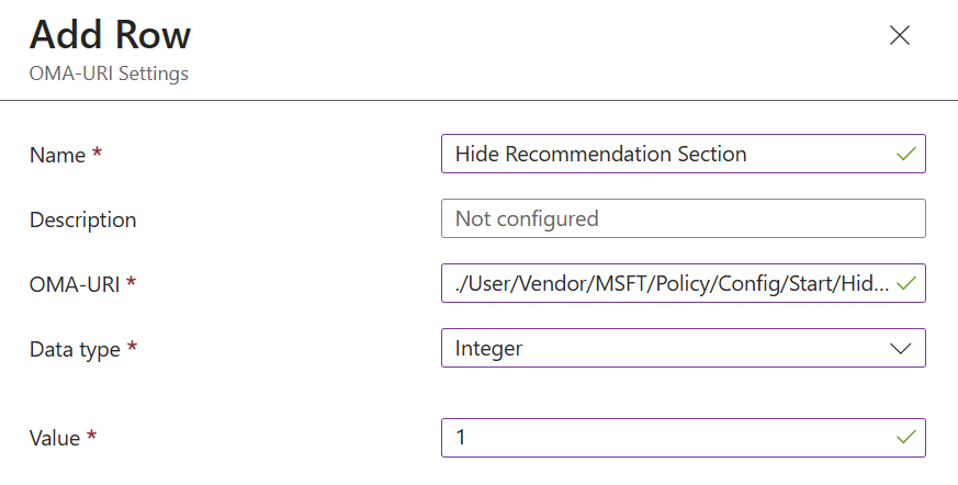 hide recommendations Windows 11 OMA URI setting in Intune
