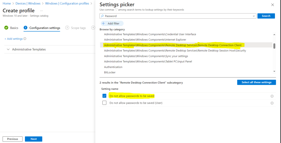 DoNotAllowPasswordSaving for RDP using Intune