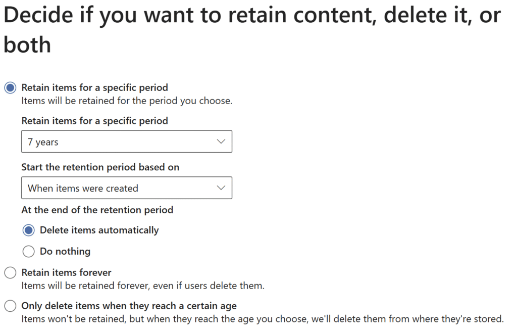 Screenshot from Microsoft Purview showing the configuration options for Retention Policies.